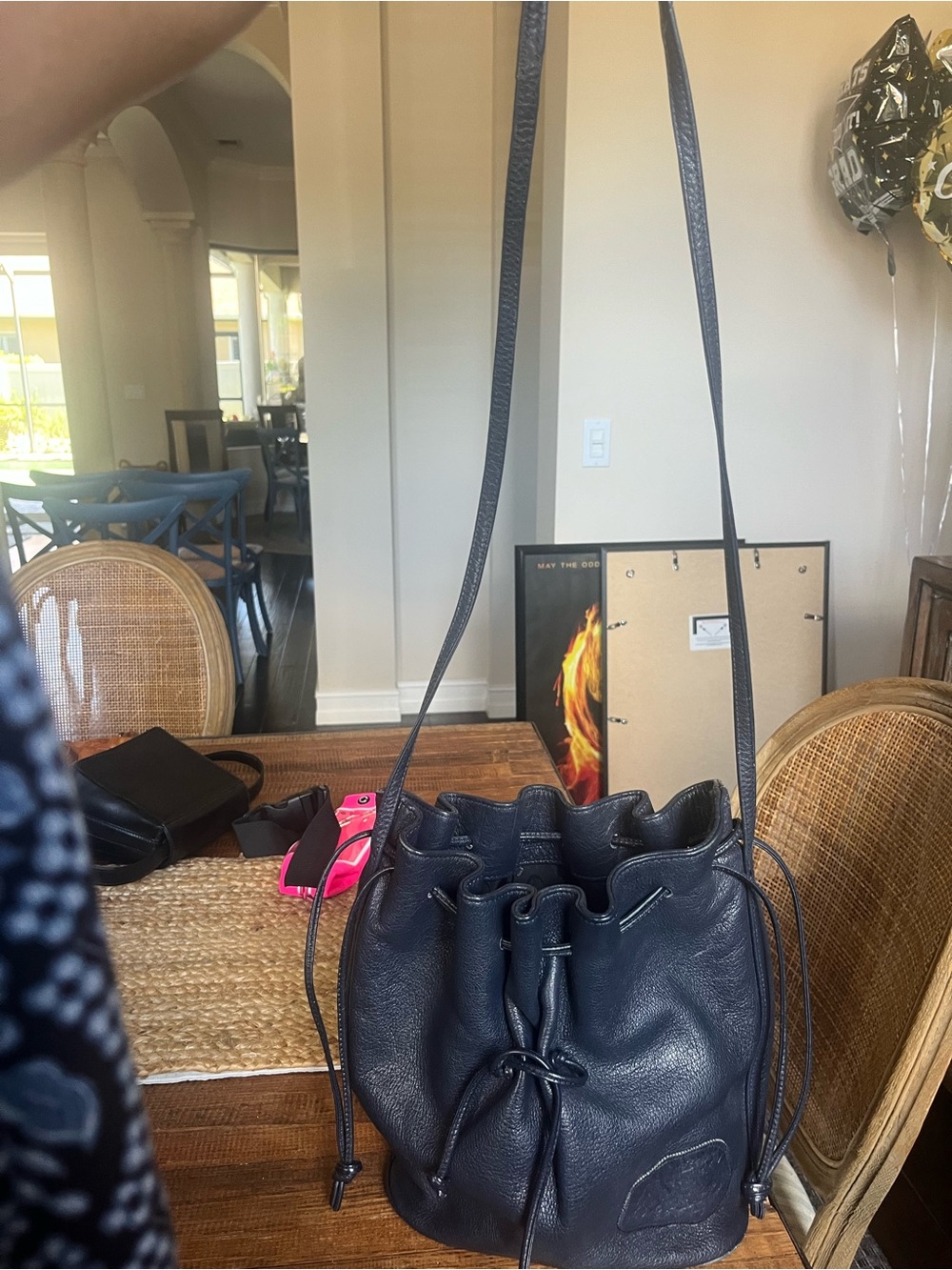 Carlos Falchi Navy Leather Drawstring Bucket Bag